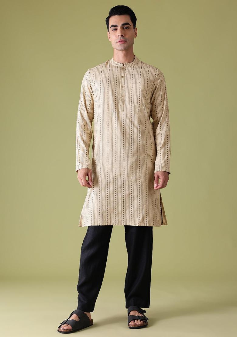 Beige Striped Polyester Kurta For Men - Indya