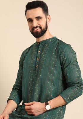 Green Striped Polyester Kurta For Men