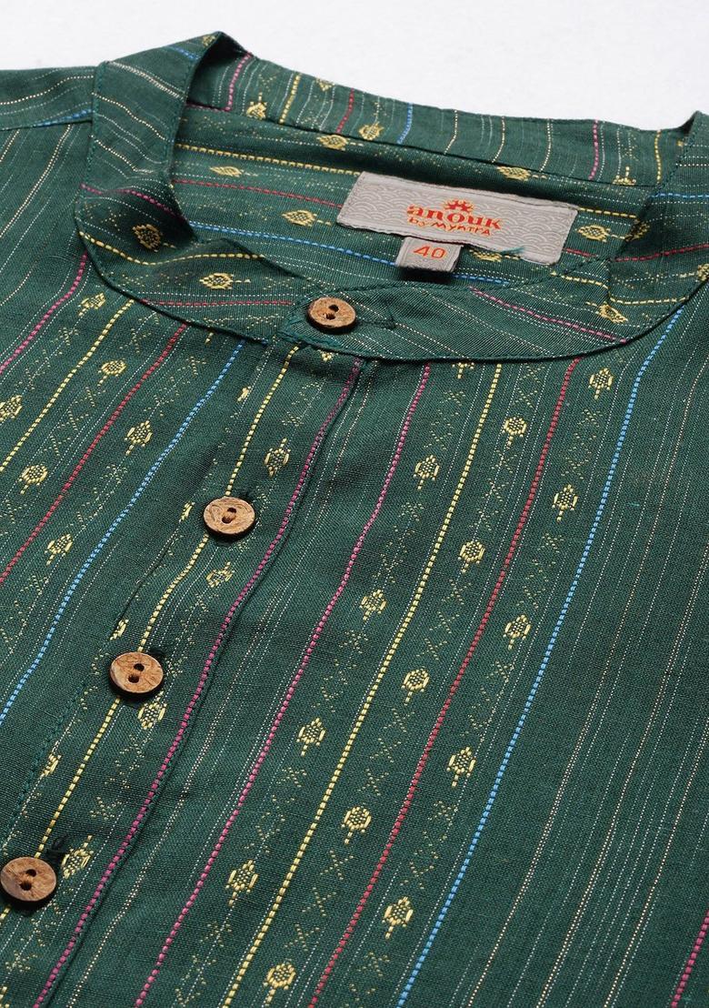 Green Striped Polyester Kurta For Men - Indya