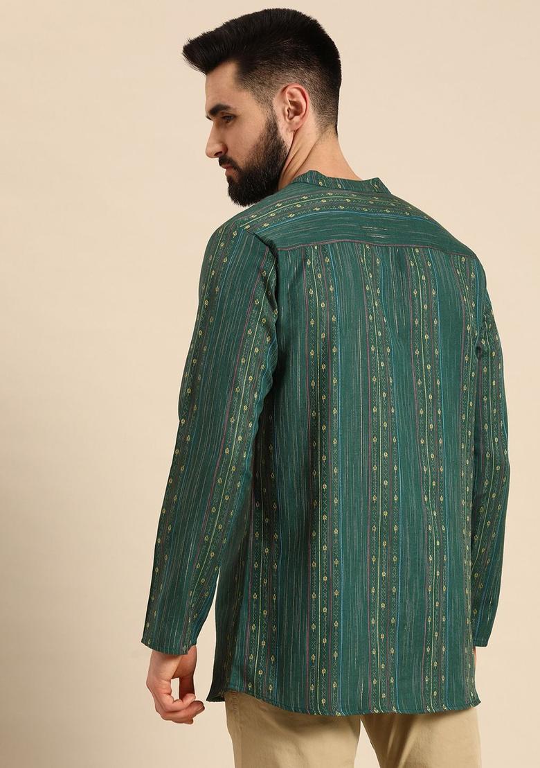 Green Striped Polyester Kurta For Men - Indya