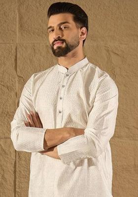 White Embroidered Viscose Kurta For Men