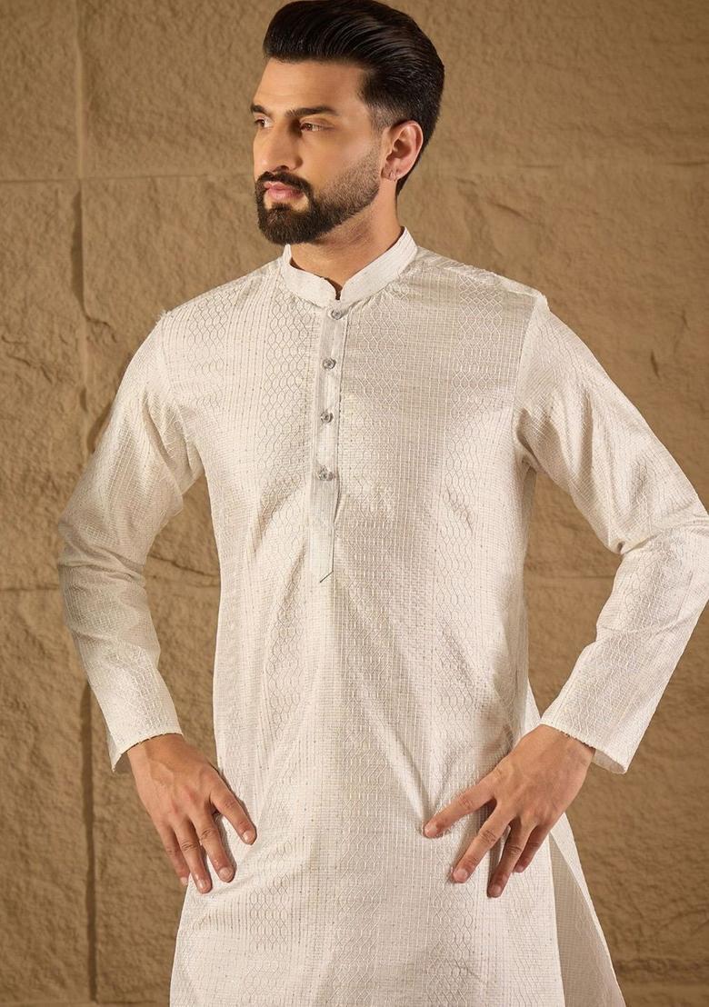 White Embroidered Viscose Kurta For Men - Indya