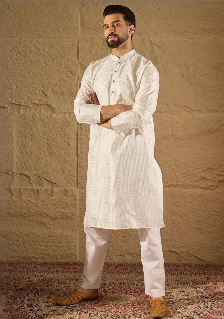 White Embroidered Viscose Kurta For Men - Indya