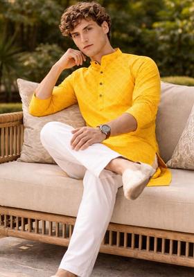 Yellow Woven Design Cotton Kurta For Men