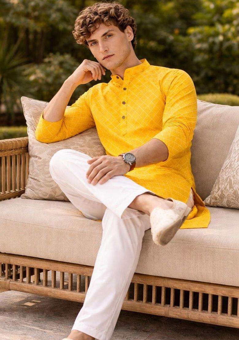Yellow Woven Design Cotton Kurta For Men - Indya