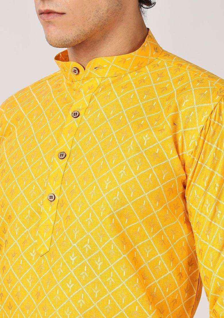 Yellow Woven Design Cotton Kurta For Men - Indya