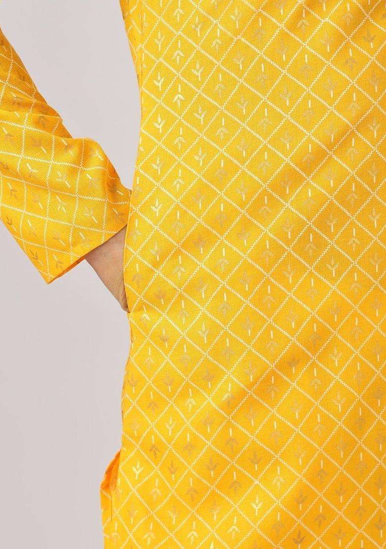 Yellow Woven Design Cotton Kurta For Men - Indya