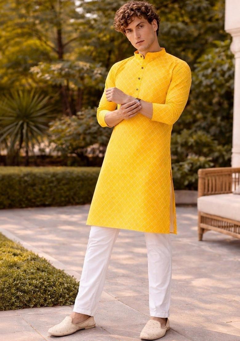 Yellow Woven Design Cotton Kurta For Men - Indya