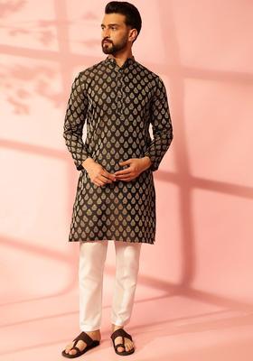 Black Woven Design Silk Kurta For Men