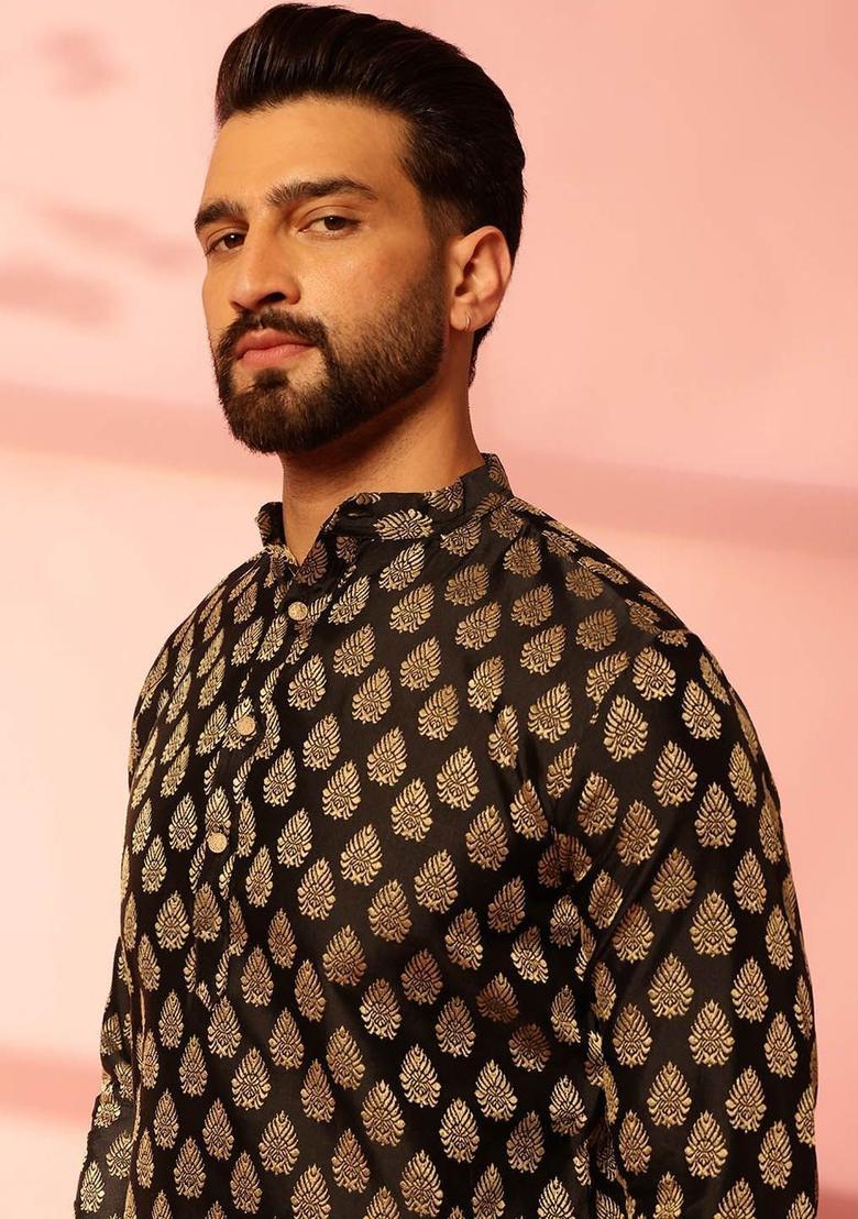 Black Woven Design Silk Kurta For Men - Indya