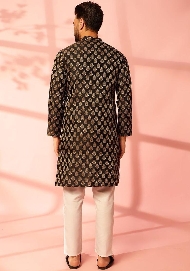 Black Woven Design Silk Kurta For Men - Indya