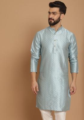 Blue Woven Design Jacquard Kurta For Men