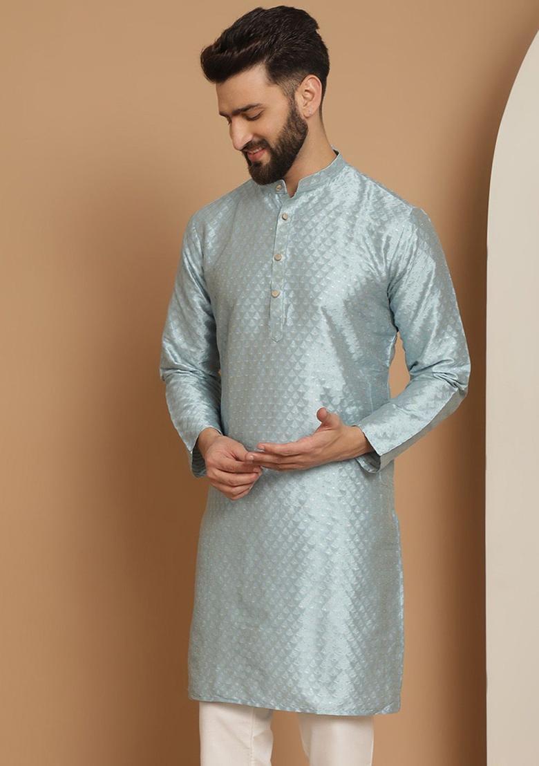 Blue Woven Design Jacquard Kurta For Men - Indya