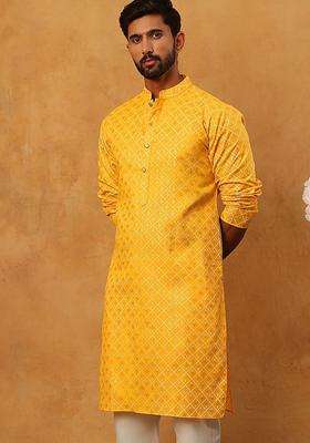 Yellow Printed Cotton Kurta For Men