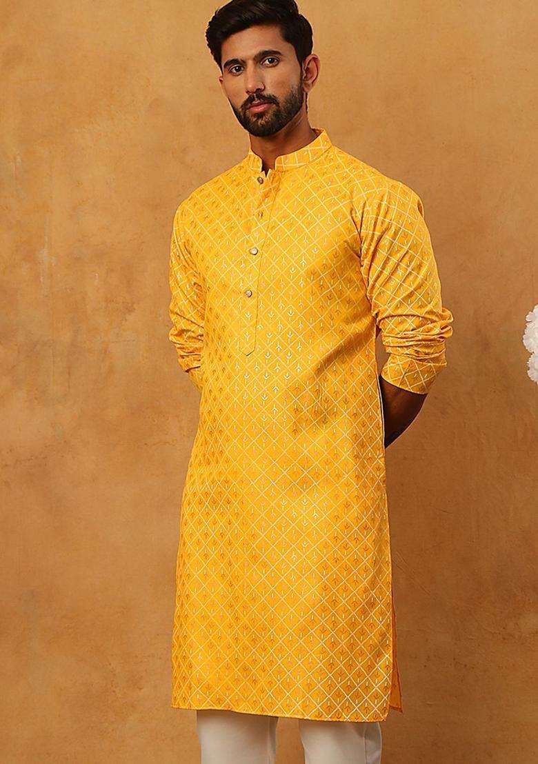 Yellow Printed Cotton Kurta For Men - Indya