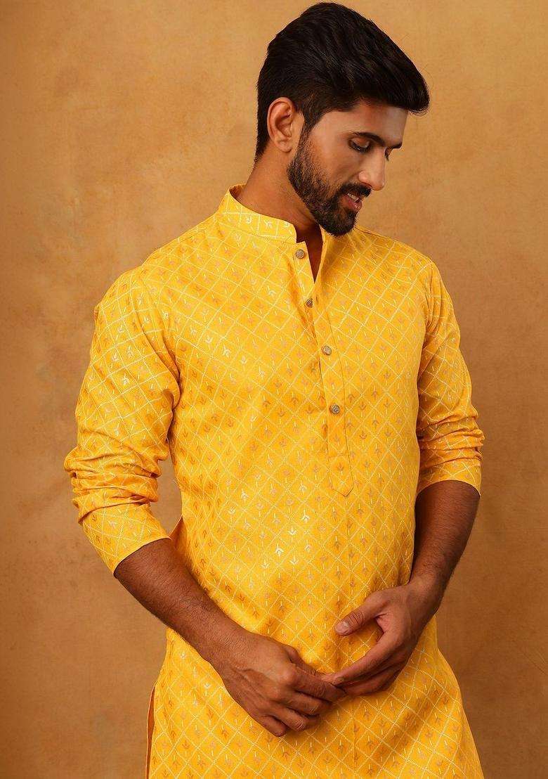 Yellow Printed Cotton Kurta For Men - Indya