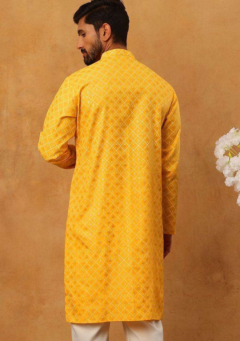 Yellow Printed Cotton Kurta For Men - Indya