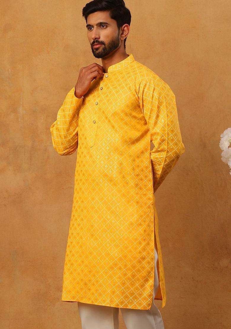 Yellow Printed Cotton Kurta For Men - Indya