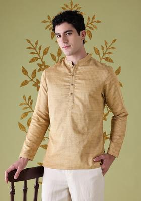 Beige Striped Polyester Kurta For Men