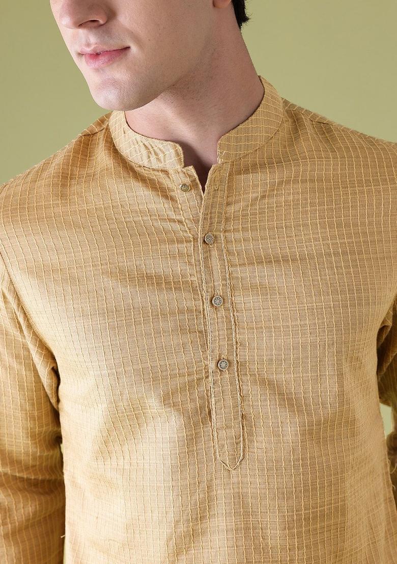 Beige Striped Polyester Kurta For Men - Indya