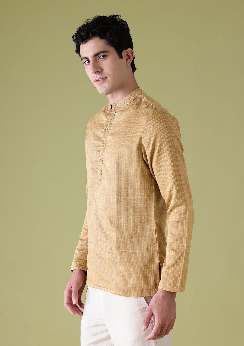 Beige Striped Polyester Kurta For Men - Indya