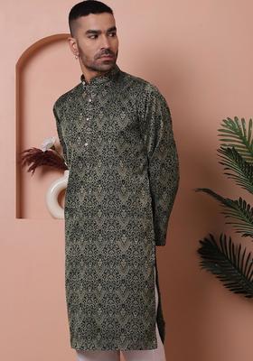 Black Printed Silk Kurta For Men