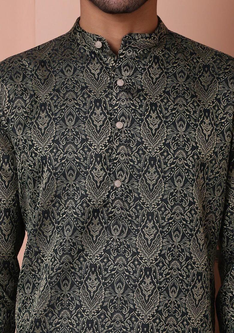 Black Printed Silk Kurta For Men - Indya