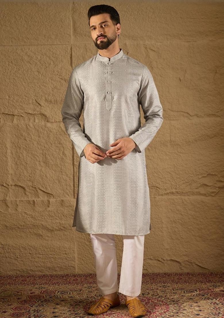 Grey Embroidered Viscose Kurta For Men - Indya