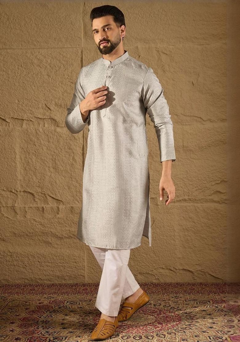 Grey Embroidered Viscose Kurta For Men - Indya
