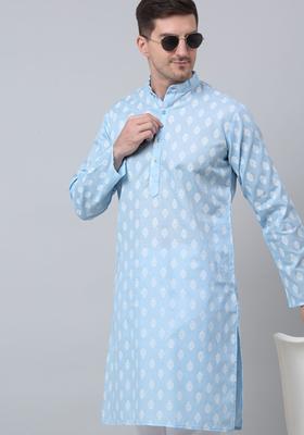 Blue Printed Cotton Kurta For Men