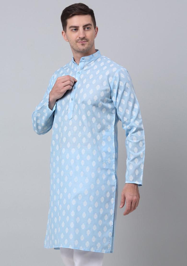 Blue Printed Cotton Kurta For Men - Indya