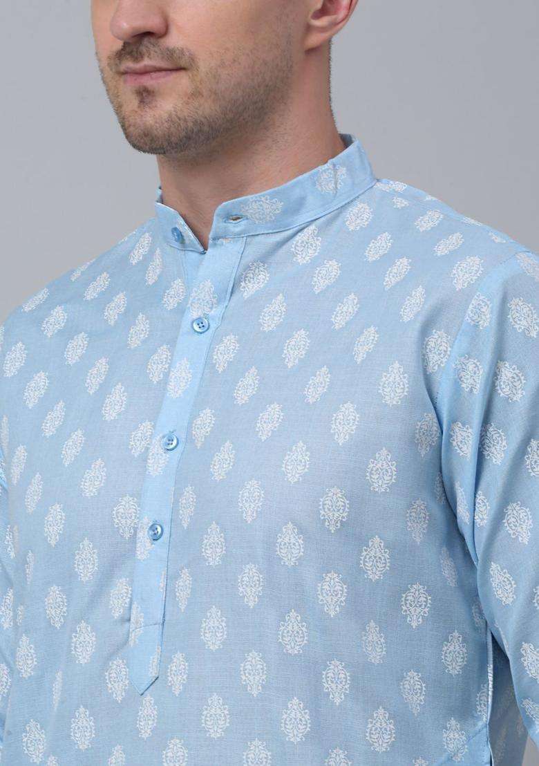 Blue Printed Cotton Kurta For Men - Indya