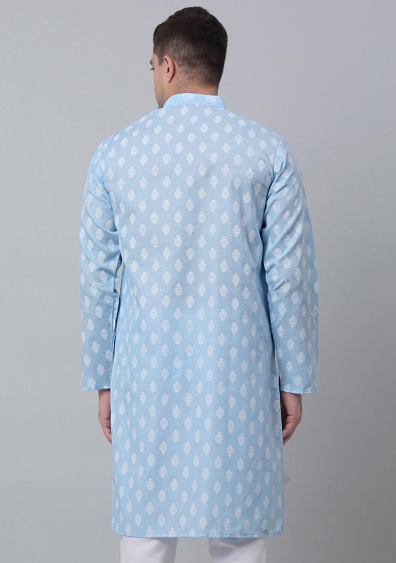 Blue Printed Cotton Kurta For Men - Indya
