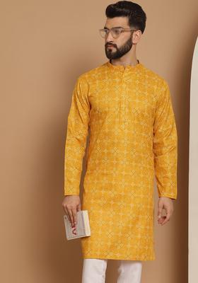 Yellow Woven Design Linen Kurta For Men