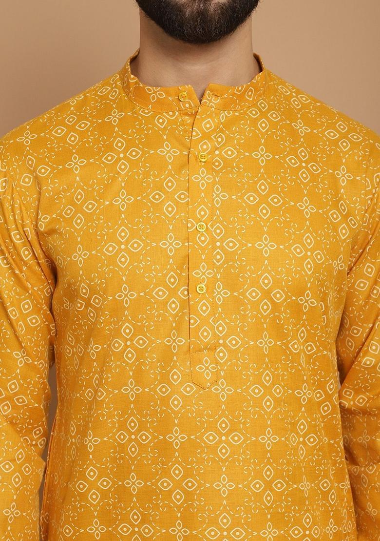 Yellow Woven Design Linen Kurta For Men - Indya