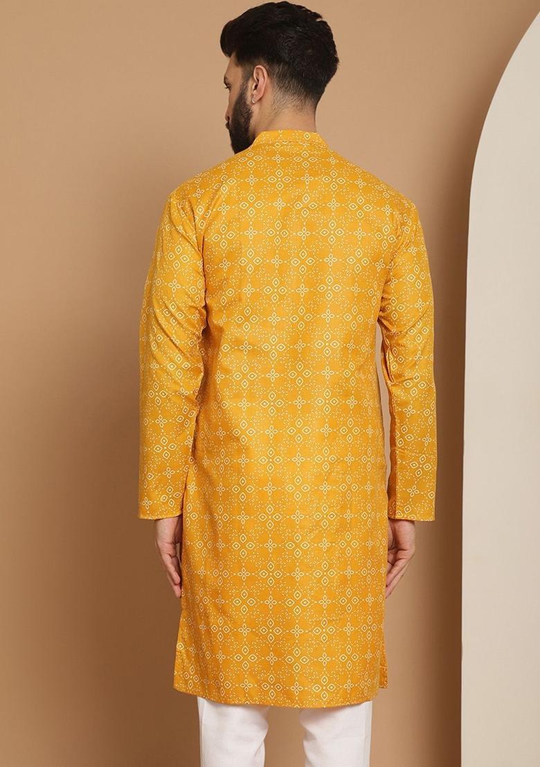 Yellow Woven Design Linen Kurta For Men - Indya