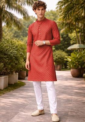 Red Printed Cotton Kurta For Men