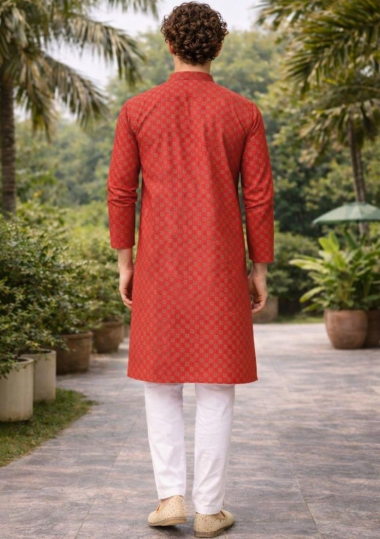 Red Printed Cotton Kurta For Men - Indya