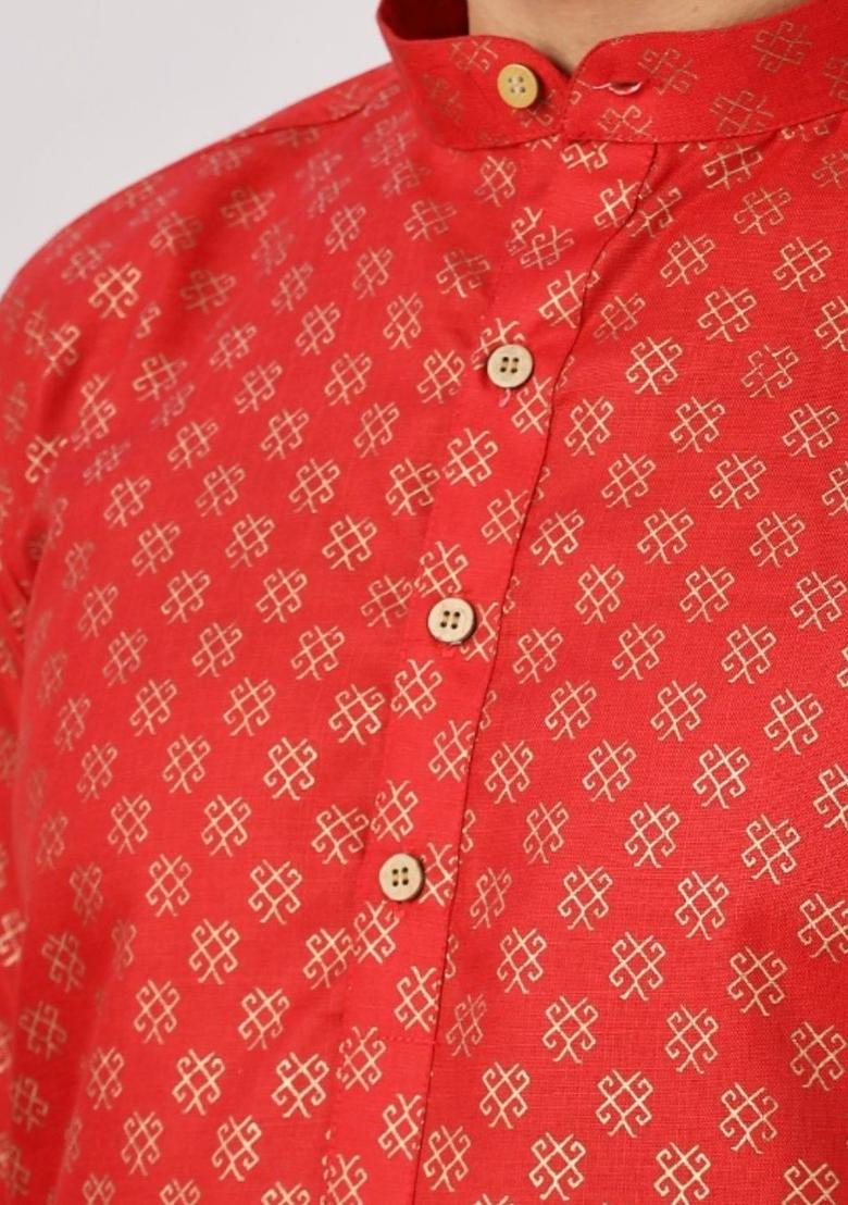 Red Printed Cotton Kurta For Men - Indya