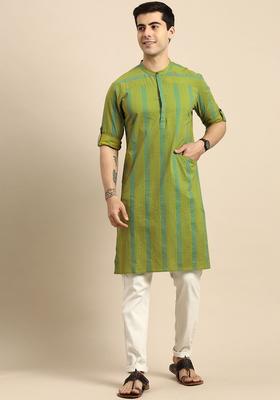 Green Striped Cotton Kurta For Men