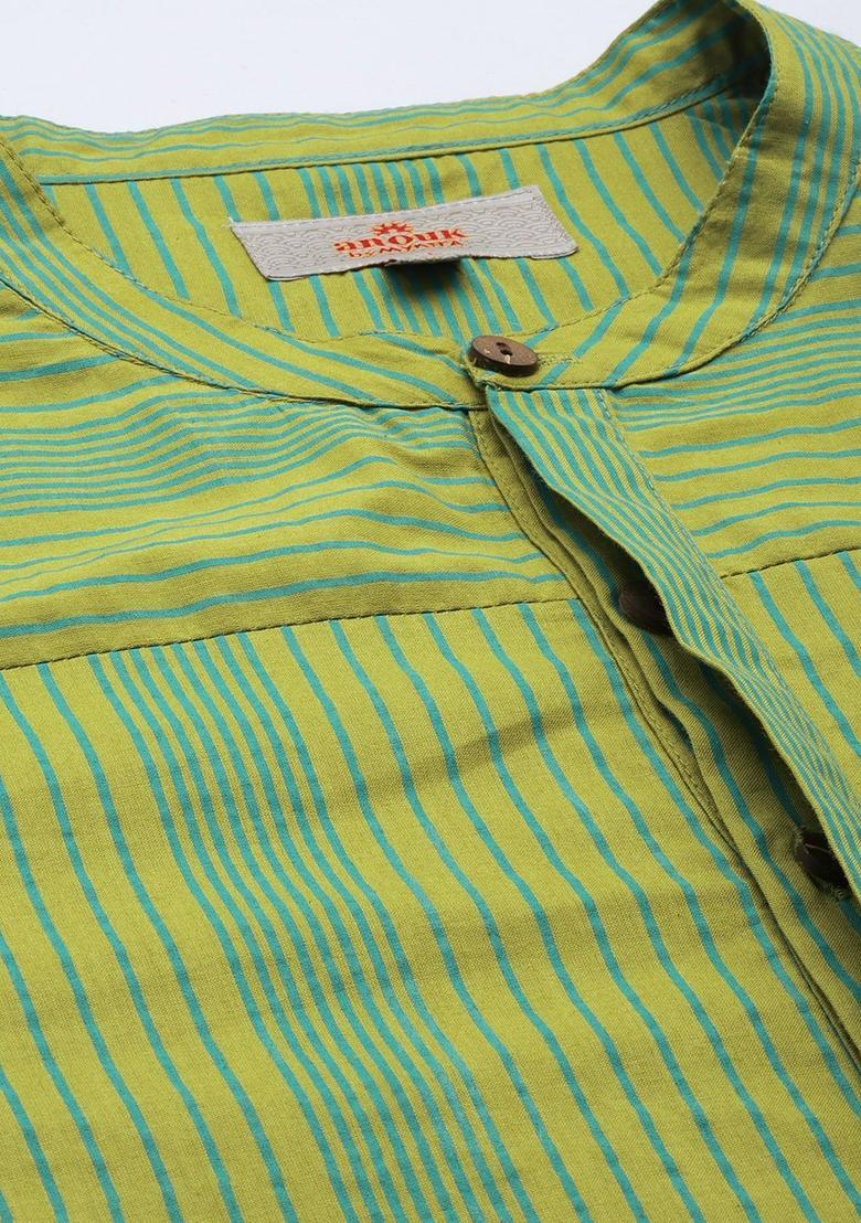 Green Striped Cotton Kurta For Men - Indya