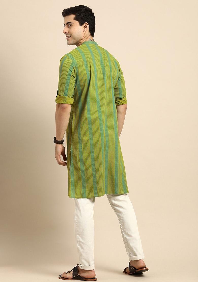 Green Striped Cotton Kurta For Men - Indya