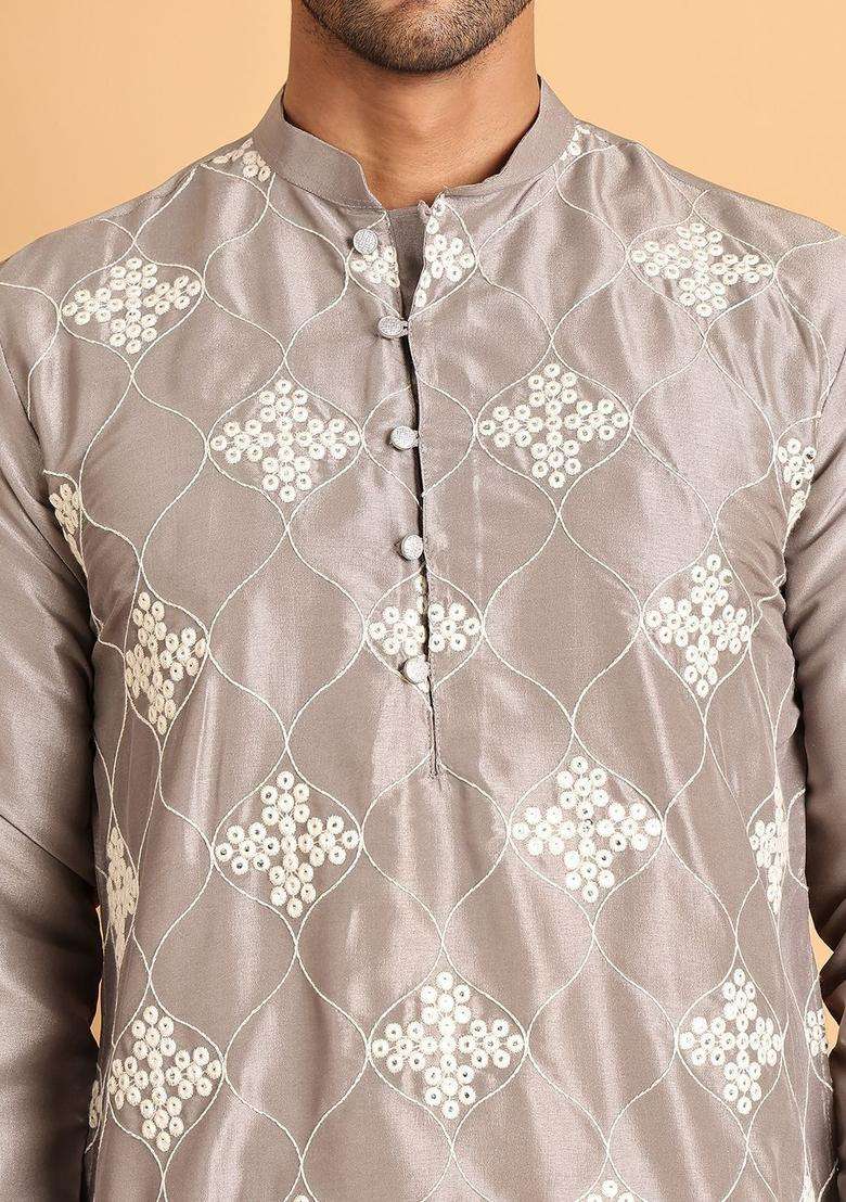 Silver Embroidered Silk Blend Kurta For Men - Indya