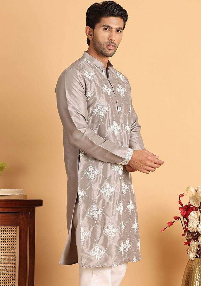Silver Embroidered Silk Blend Kurta For Men - Indya