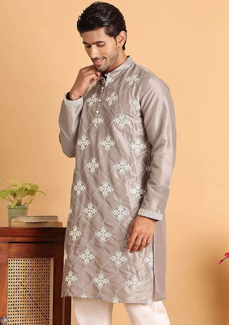 Silver Embroidered Silk Blend Kurta For Men - Indya