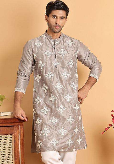 Silver Embroidered Silk Blend Kurta For Men