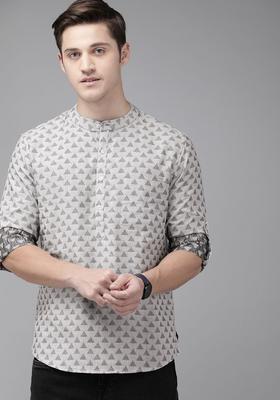 Grey Woven Design Cotton Kurta For Men