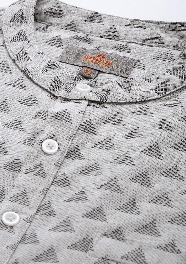 Grey Woven Design Cotton Kurta For Men - Indya