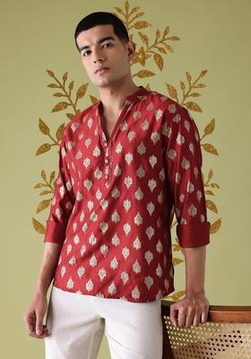 Maroon Printed Viscose Kurta For Men