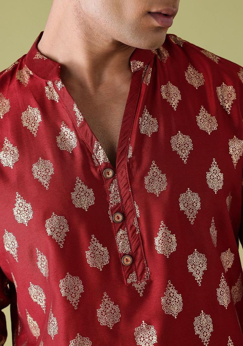Maroon Printed Viscose Kurta For Men - Indya